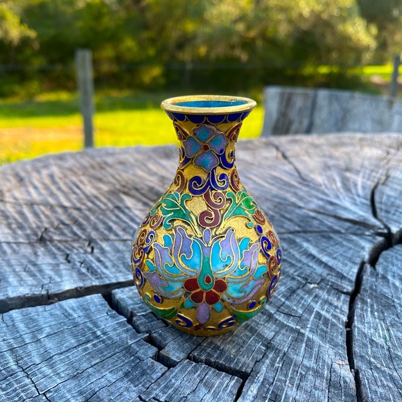 VTG Asian Cloisonne & Enameled Brass Floral Vase